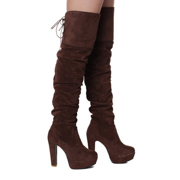 Les femmes lacent hiver plateforme haut talon au cours des bottes au genou